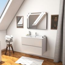 Pack mueble de baño blanco 60CM suspendidocon 2 cajones + lavabo ceramico blanco + espejo aplique led integrado - started pack 22