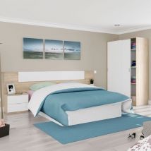 Pack Muebles Dormitorio Matrimonio Luca Completo Color Roble y Blanco Habitación Moderno (cabecero + Armario)