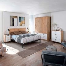 Cabecero + 2 Mesitas 3 Cajones Cabezal y Mesitas Moderno en Blanco Artik y Roble Nodi 240x101x33 cm