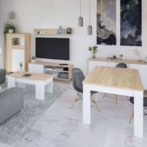 Pack Muebles Salón Nórdico Blanco y Roble Completo (mueble Tv + Aparador + Vitrina + Mesa Comedor + Mesa Centro)