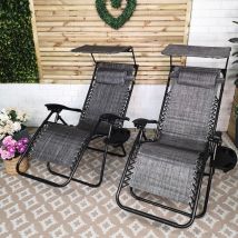 Samuel Alexander - Pack of 2 Multi Position Garden Gravity Relaxer Chair Sun Loungers with Sun Canopy in Grey