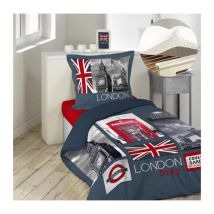 Pack parure de couette enfant 140x200 cm City London + drap housse 90x190 Blanc