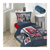 Pack parure de couette enfant 140x200 cm London + drap housse 90x190 Bleu