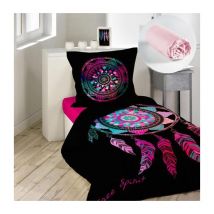 Pack parure de couette enfant 140x200 cm Porte bonheur + drap housse 90x190 Rose