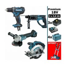 Makita - Pack Premium 4 machines 18V 5Ah: DDF482 + DGA504 + DHR202 + DSS610 + 3 batt + 4 MakPac + offert chariot