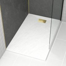 Aurlane - Pack Receveur Blanc Effet Pierre 90x140 cm et Grille décor Linéaire Or Doré Brossé