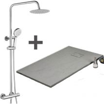 Stano. - Pack Receveur de douche 90 x 140 cm extra plat gris + Colonne de douche thermostatique chromée