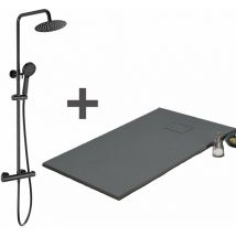 Stano. - Pack Receveur de douche 80 x 120 cm extra plat gris basalte + Colonne de douche thermostatique noir mat