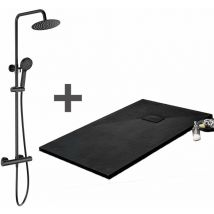 Pack Receveur de douche 80 x 100 cm extra plat noir + Colonne de douche thermostatique noir mat