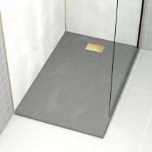 Aurlane - Pack Receveur Gris Effet Pierre 90x140 cm et Grille décor Perforée Or Doré Brossé