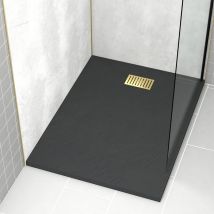 Aurlane - Pack Piatto doccia Nero Effetto Pietra 90x120 cm e Griglia motivo Lineare Oro Spazzolato