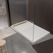 Aurlane - Piatto Doccia in Resina Epossidica Effetto Granito Bianco 90x140x3cm + Griglia Oro Spazzolato