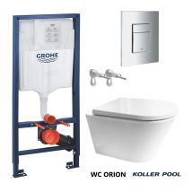 Pack réservoir intégré avec Bati-Support Grohe et plaque- chrome brillant avec wc à suspension Vortex orion glossy white enveloppant abattant