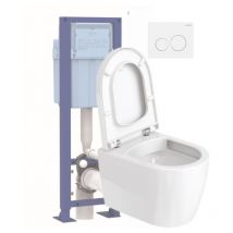 Pack wc suspendu compact sans bride Duravit Me by Starck abattant frein de chute + bati support siamp + Plaque de commande blanche