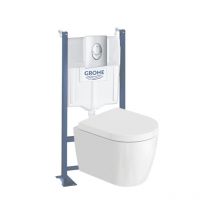Pack wc suspendu sans bride compact Duravit Me by Starck + bâti support grohe Rapid sl Projet + abattant + plaque chromé