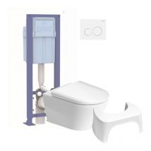 Pack WC suspendu sans bride DURAVIT D-Neo avec abattant frein de chute + bati support SIAMP + Plaque chromée + Tabouret