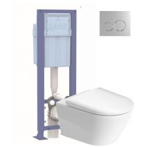 Pack wc suspendu sans bride Duravit D-Neo avec abattant frein de chute + bati support siamp + Plaque de commande chromée
