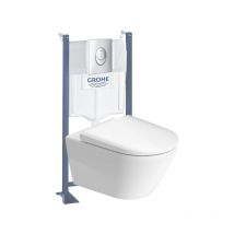 Pack wc suspendu sans bride Duravit D-Neo + bâti support grohe Rapid sl Projet + abattant + plaque chromé
