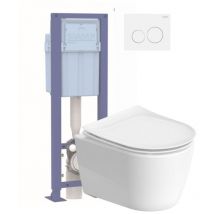 Pack wc suspendu sans bride Duravit Soleil by Starck avec abattant frein de chute + bati support siamp + Plaque de commande blanche