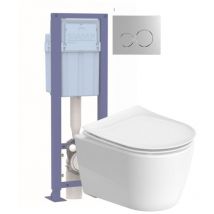 Pack wc suspendu sans bride Duravit Soleil by Starck avec abattant frein de chute + bati support siamp + Plaque de commande chromée