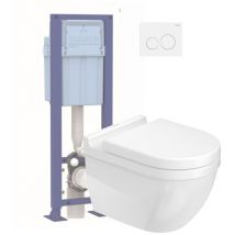 Pack wc suspendu sans bride Duravit Starck 3 avec abattant frein de chute + bati support siamp + Plaque de commande blanche