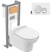 Pack wc suspendu sans bride Jacob Delafon Cléo 1889 + abattant + bâti-support + plaque ronde blanche
