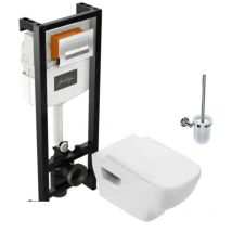 Pack wc suspendu sans bride Jacob Delafon Struktura + abattant + plaque chromée + bâti + Porte-balai Eo rond