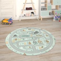 Paco Home - Alfombra Para Habitación Infantil Juegos Bebé Alfombras Infantiles Carreteras Turquesa, ø 120 cm redon
