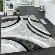 Designer Teppich mit Konturenschnitt Muster Gestreift Grau Schwarz Creme Meliert 80x300 cm - Paco Home
