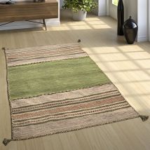 Designer Teppich Webteppich Kelim Handgewebt 100% Baumwolle Modern Gemustert Grün 240x340 cm - Paco Home