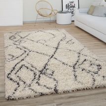 Hochflor Teppich Wohnzimmer Shaggy Langflor Modernes Boho Skandi Rauten Muster 120x170 cm, Creme Anthrazit - Paco Home