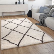 Paco Home - Hochflor Teppich Wohnzimmer Shaggy Langflor Skandinavisches Rauten Muster Modern 120x160 Cm, Creme 6