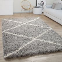 Hochflor Teppich Wohnzimmer Shaggy Skandinavisches Rauten Muster, Modern In Grau 140x200 cm - Paco Home