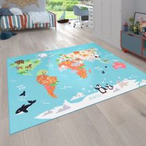 Kinder-Teppich Für Kinderzimmer, Spiel-Teppich, Weltkarte Mit Tieren, In Türkis 100x200 cm - Paco Home