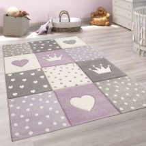 Paco Home - Kinderteppich Kinderzimmer Kariert Punkte Herzen Sterne In Pastell Lila Grau ø 160 cm Rund