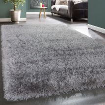 Hochflor Teppich Wohnzimmer Schlafzimmer Shaggy Einfarbig Flauschig Modern Grau 120x170 cm - Paco Home