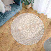 Outdoor Teppich Wetterfest Wohnzimmer Balkon Skandi Boho Muster 3D Effekt Beige 200 cm Rund - Paco Home