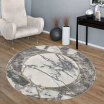 Paco Home Tapis Poil Ras Gris Doré Doux Salon Aspect Marbré Différents Designs 200 cm rond, Or 5
