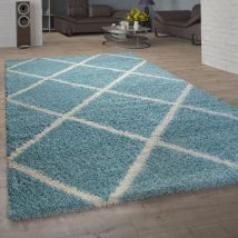 Paco Home - Tapis De Salon Poils Longs Shaggy Motif Losanges Scandinave Moderne Turquoise 120 cm rond