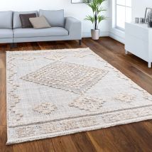 Paco Home - Tappeto Salotto Moderno Pelo Corto Motivo Etnico Geometrico 3D Con Frange Crema Grigio 120 cm rond