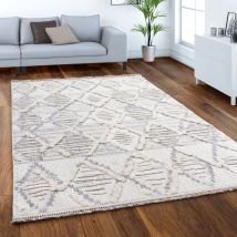 Tappeto Salotto Moderno Pelo Corto Motivo Scandinavo Rombi Design 3D Con Frange Crema Grigio 240x340 cm - Paco Home