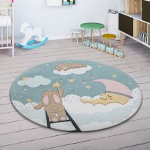Paco Home Tapis Enfant Tapis Chambre Enfant Etoile Nuage Lune Lièvre Turquoise Crème 150 cm Rund (de)