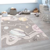 Paco Home - Tapis Enfant Tapis Chambre Enfant Fille Garcon Espace Planète Etoiles Gris 133 cm carré