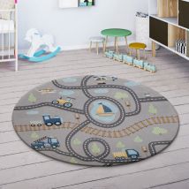 Paco Home - Tapis Enfant Tapis Chambre Enfant Rue Voitures Avion Pelleteuse Bateau Gris Vert 150 cm Rund (de)