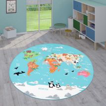 Paco Home - Tapis Enfant, Tapis Poils Ras Chambre Enfant Différents Designs Tapis Jeu Coloré Turquoise, 160 cm rond