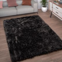 Paco Home - Tapis De Salon Fausse Fourrure Imitation Shaggy Coussins De Sol Forme Cœur Rond Noir, 90 cm rond