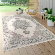 Paco Home - Tapis Intérieur & Extérieur, Poils Ras Pour Balcon Terrasse, Motif Oriental Beige 200 cm rond