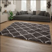 Paco Home - Tapis Poils Hauts Moelleux Moderne Shaggy Style Flokati Motif Losange Gris 160x230 cm