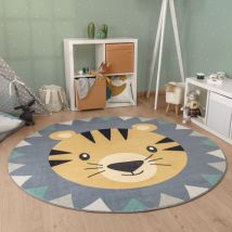 Tapis Rond Chambre Enfant Bebe Tête De Lion Tête D'ours Lavable En Machine 100 cm rond, Multicolore - Paco Home
