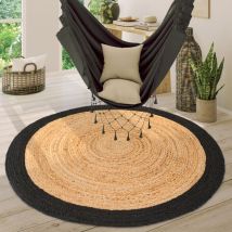 Paco Home - Tapis Rond Salon Jute Motif Ethnique Boho Moderne Fait Main Tapis Naturel Noir, 120 cm rond